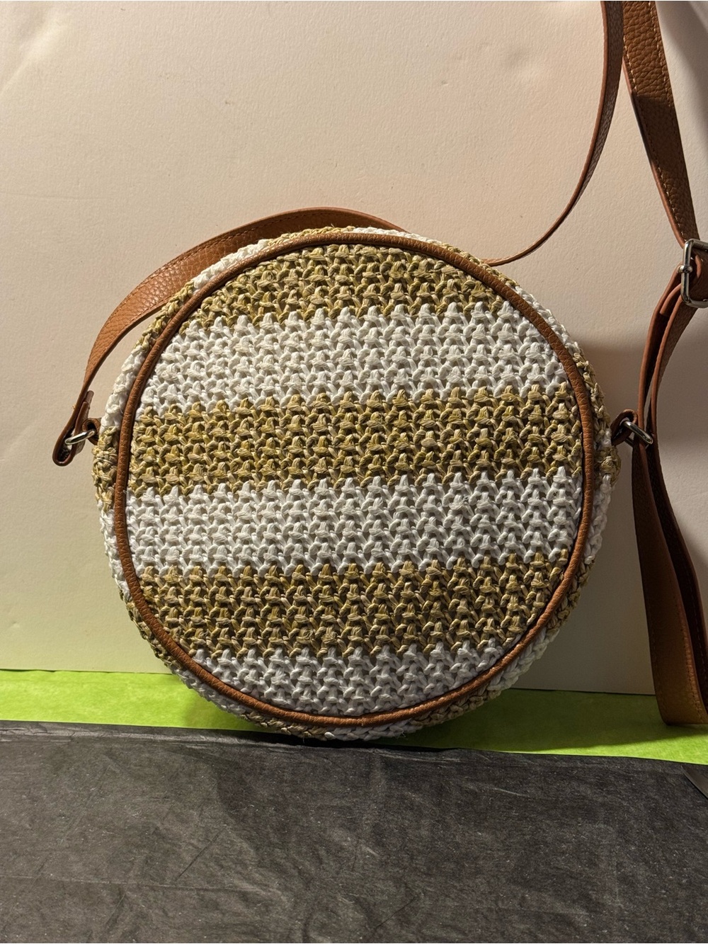 Striped Round Crossbody Bag in White and Olive with Tan Trim